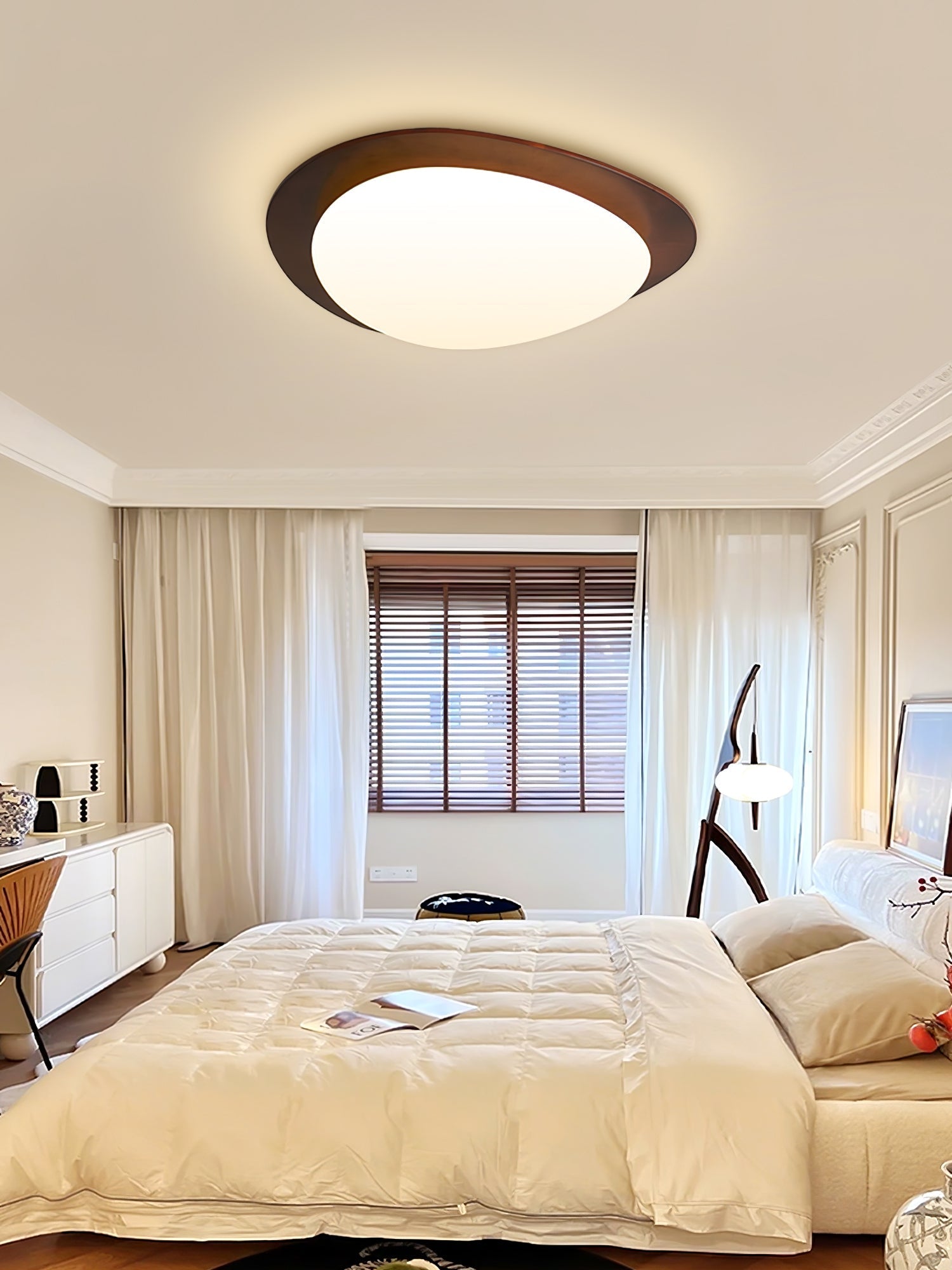 Modern Walnut Wood LED Ceiling Light – Flush Mount Low Profile – Living Room Hallway