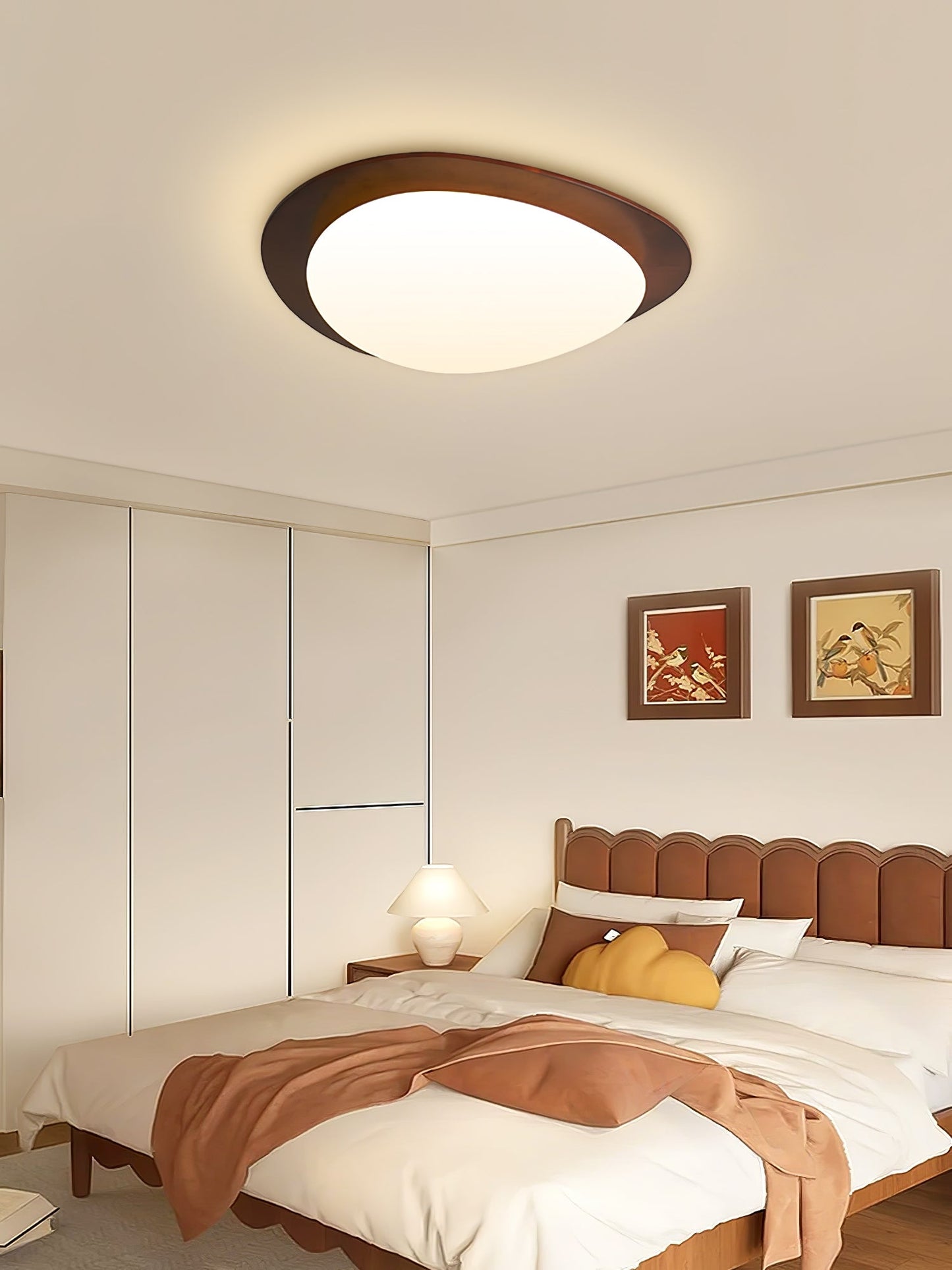 Modern Walnut Wood LED Ceiling Light – Flush Mount Low Profile – Living Room Hallway