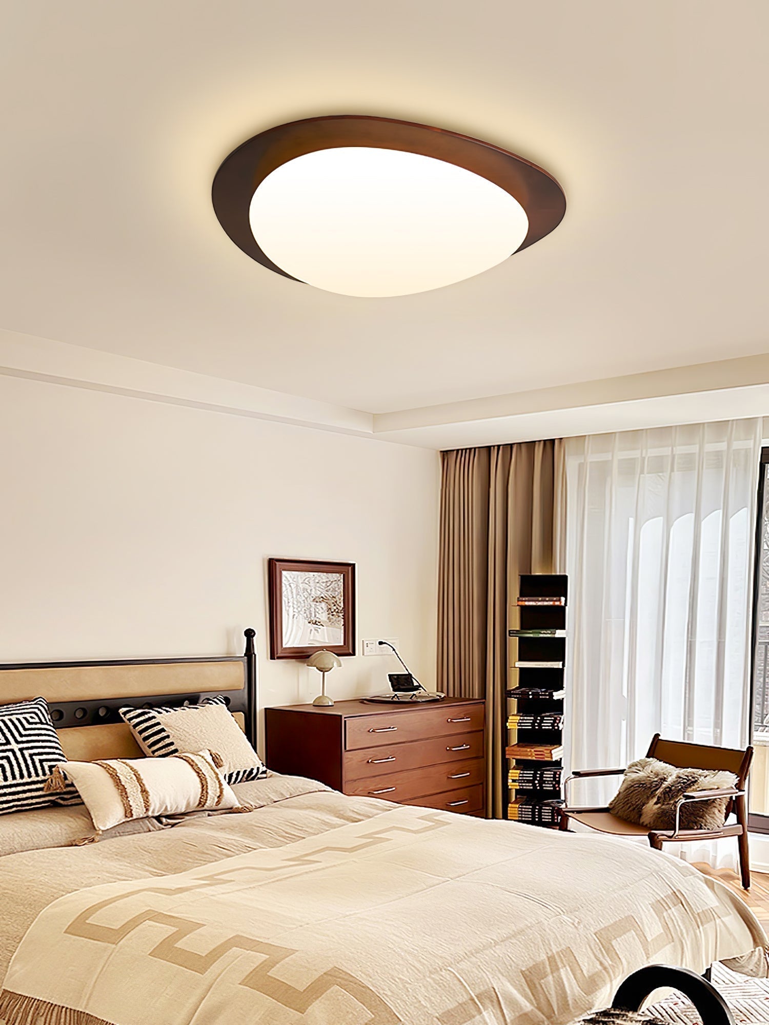 Modern Walnut Wood LED Ceiling Light – Flush Mount Low Profile – Living Room Hallway