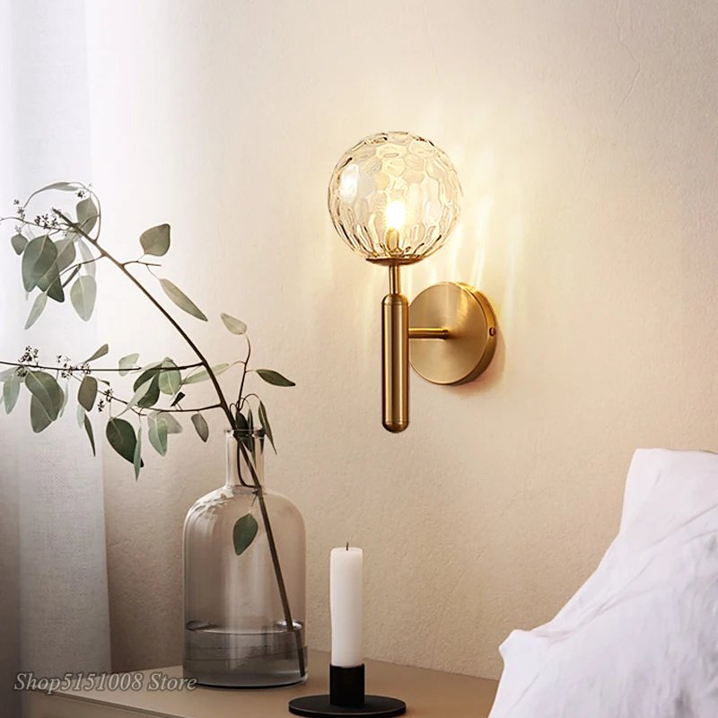 Modern Glass Ball Wall Sconce – Nordic Brushed Brass Iron for Bedroom & Bathroom