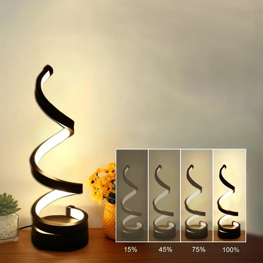 Bedside Table Lamp for Bedroom - LED Dimmable USB - Spiral Design - Black