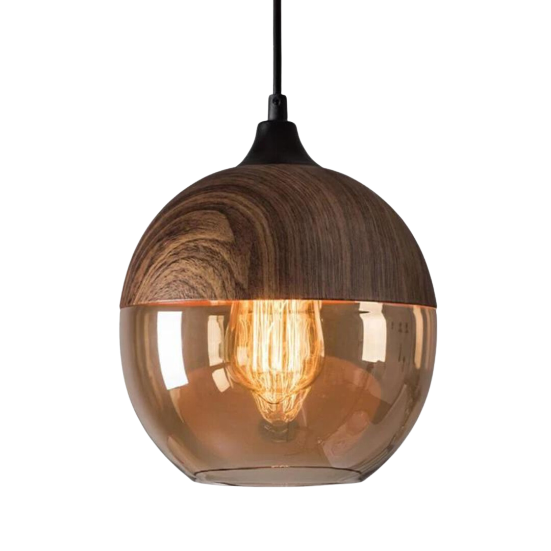 Scandinavian Wooden Ceiling Lamp Tinted Glass Adjustable Height Pendant Light