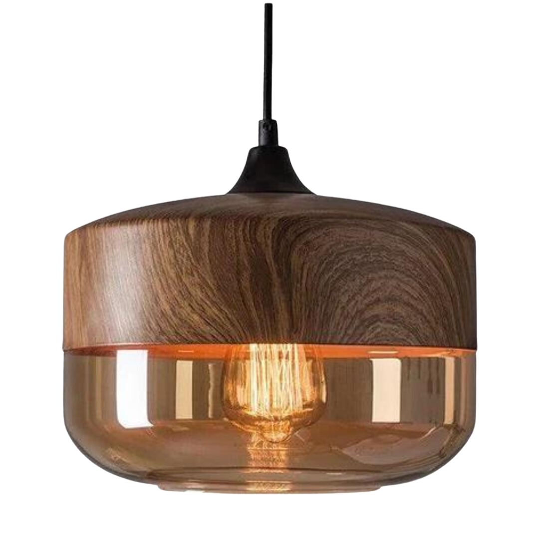 Scandinavian Wooden Ceiling Lamp Tinted Glass Adjustable Height Pendant Light
