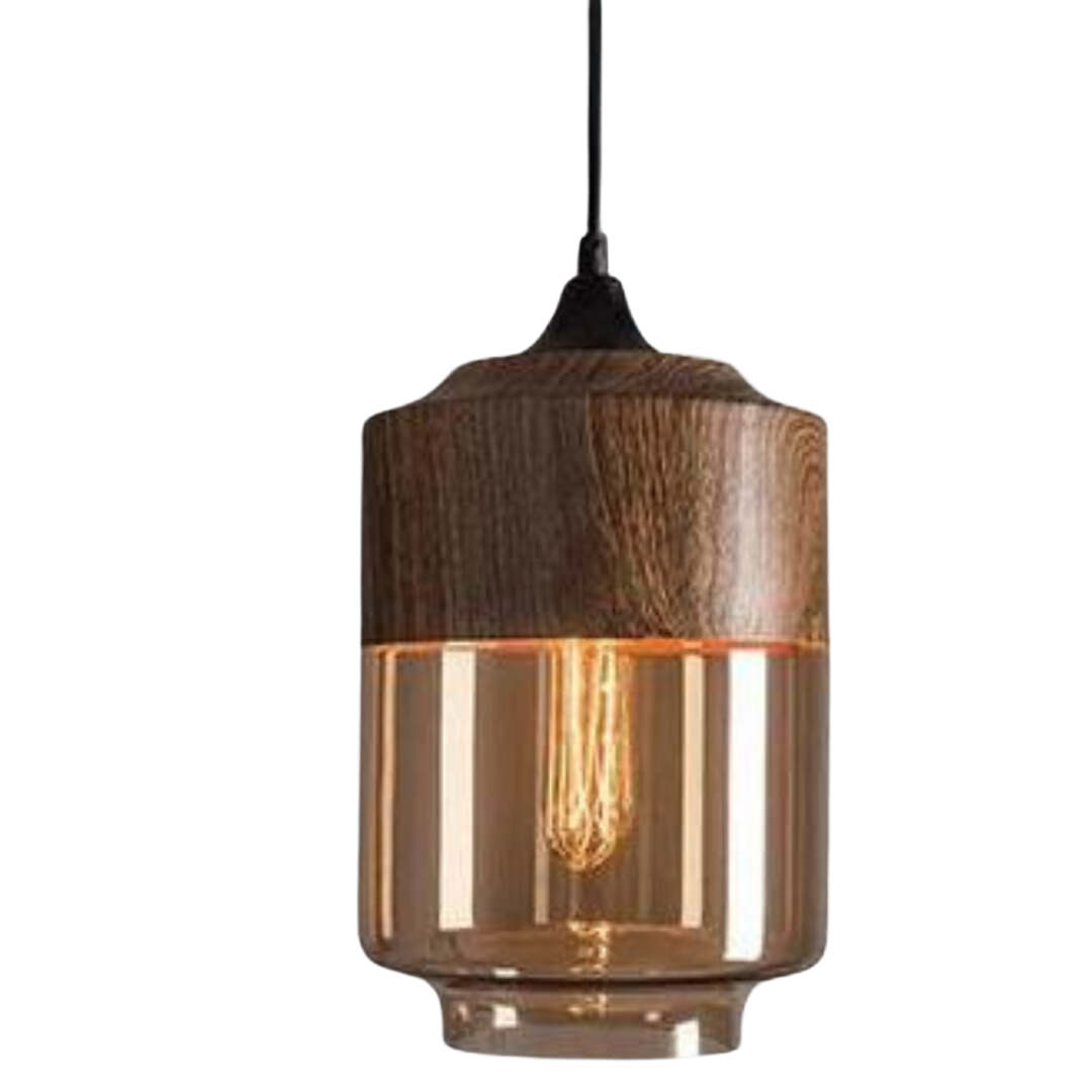 Scandinavian Wooden Ceiling Lamp Tinted Glass Adjustable Height Pendant Light