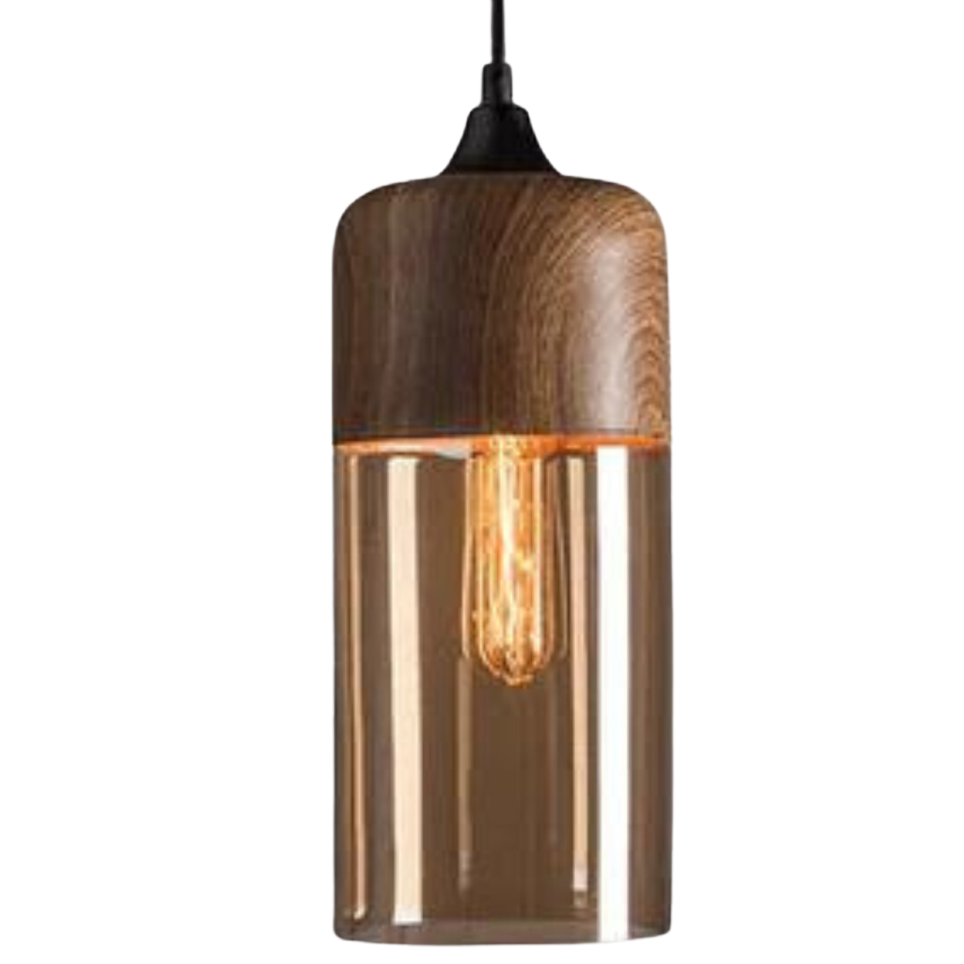 Scandinavian Wooden Ceiling Lamp Tinted Glass Adjustable Height Pendant Light