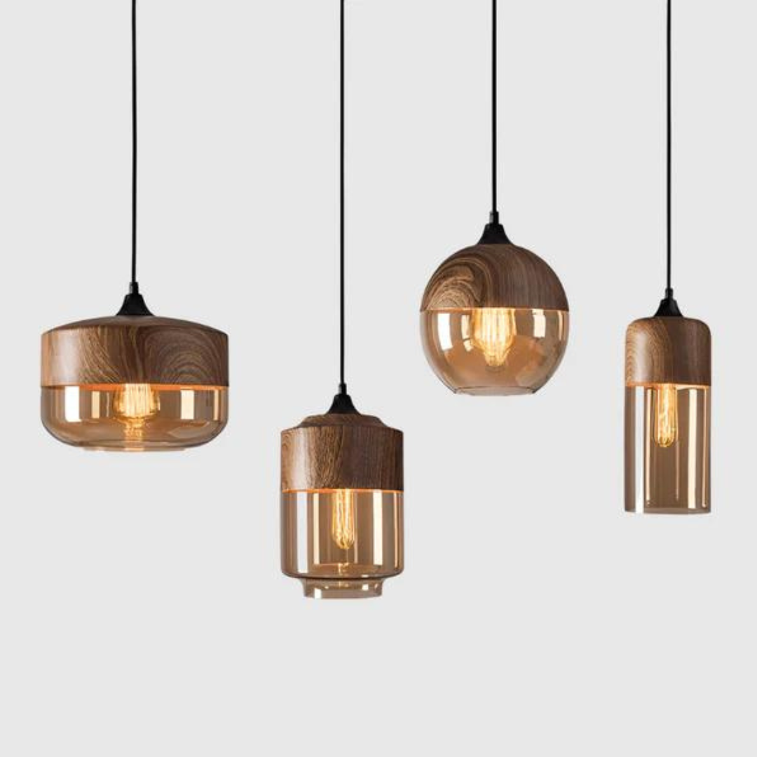 Scandinavian Wooden Ceiling Lamp Tinted Glass Adjustable Height Pendant Light