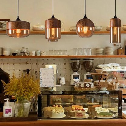 Scandinavian Wooden Ceiling Lamp Tinted Glass Adjustable Height Pendant Light