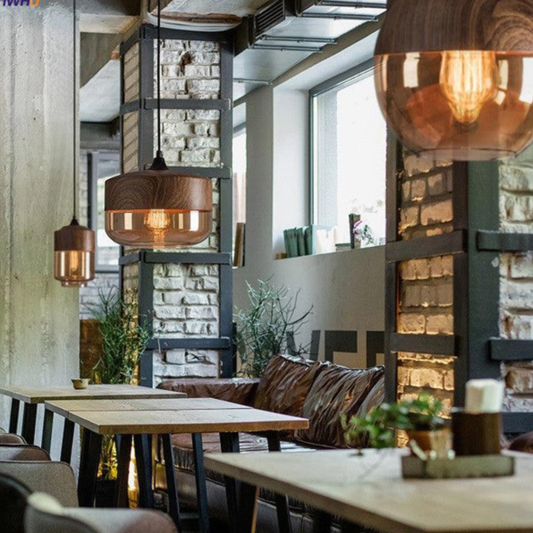 Scandinavian Wooden Ceiling Lamp Tinted Glass Adjustable Height Pendant Light