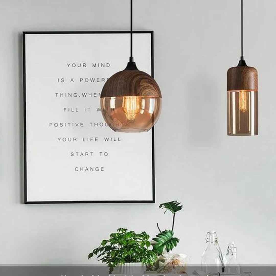 Scandinavian Wooden Ceiling Lamp Tinted Glass Adjustable Height Pendant Light