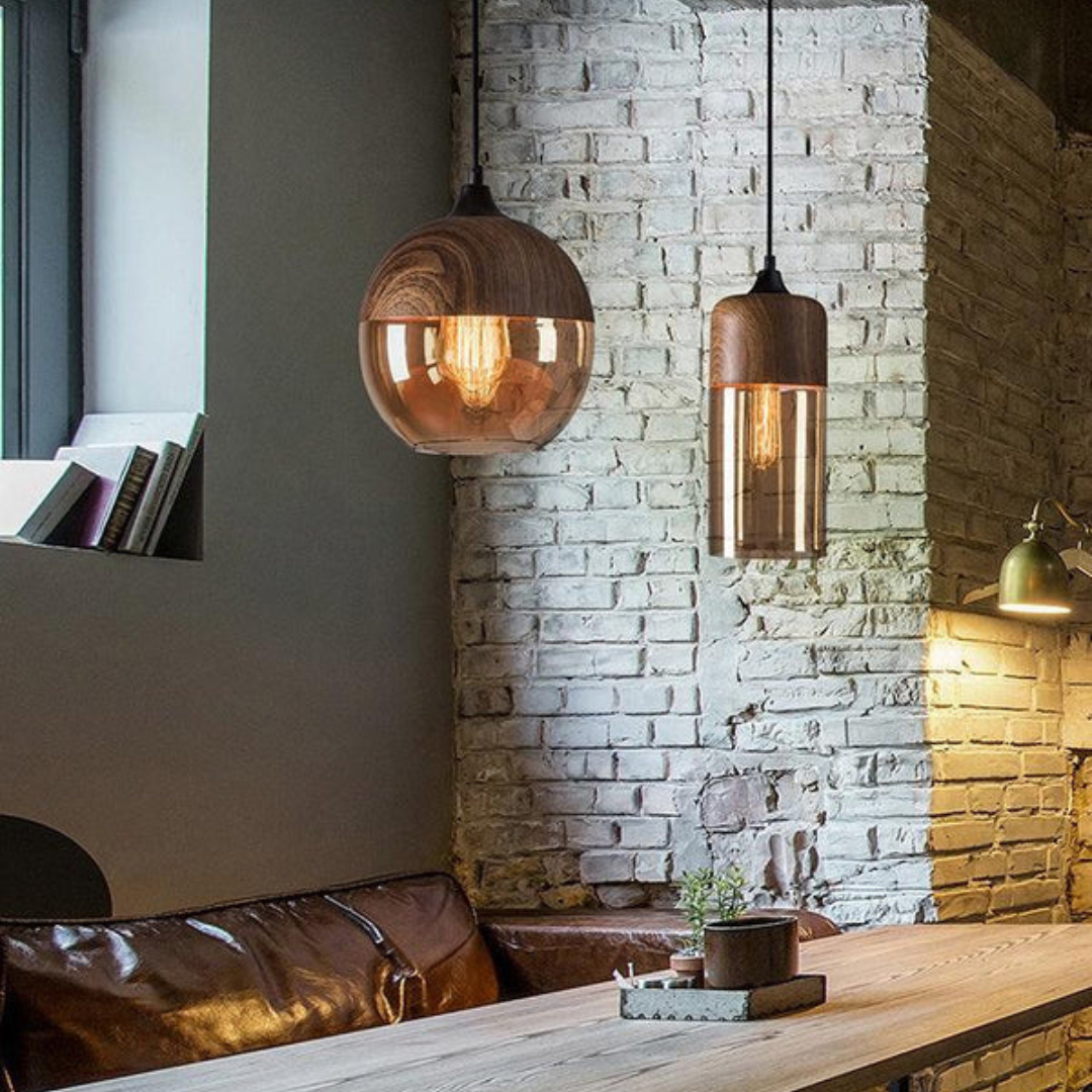 Scandinavian Wooden Ceiling Lamp Tinted Glass Adjustable Height Pendant Light