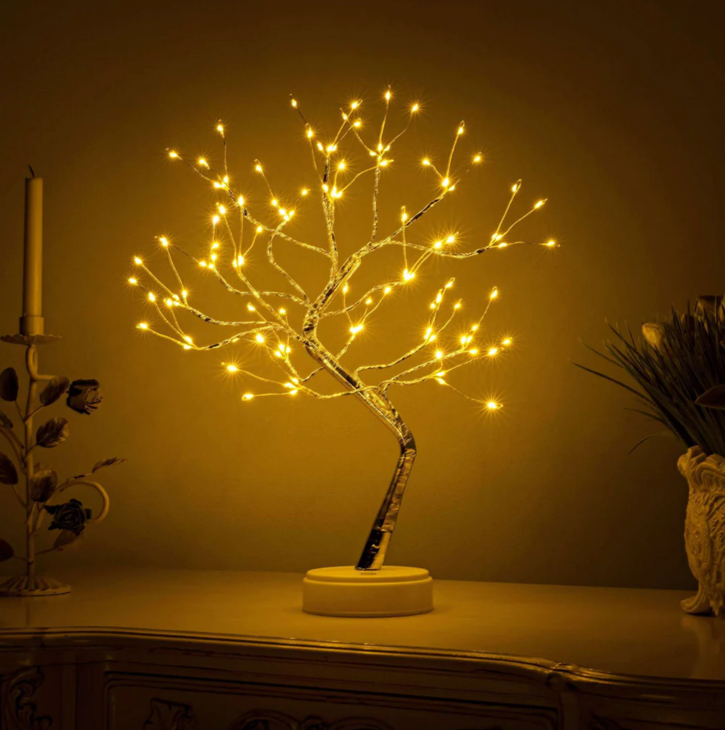 Boho Fairy Light Tree Table Lamp For Bedroom - Cordless Rechargeable LED