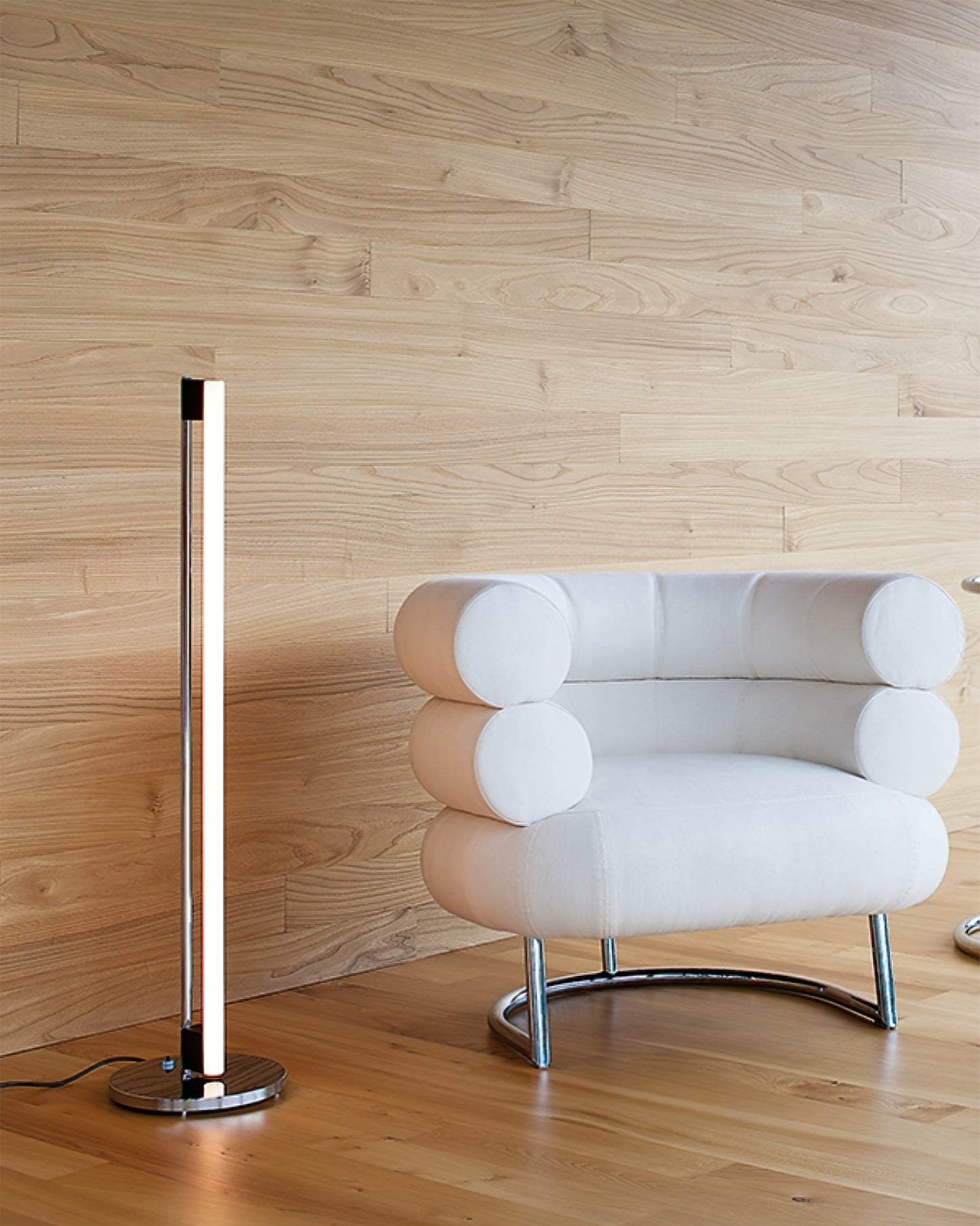 Modern Slim Chrome Metal LED Floor Lamp – Foot Switch – Living Room & Office
