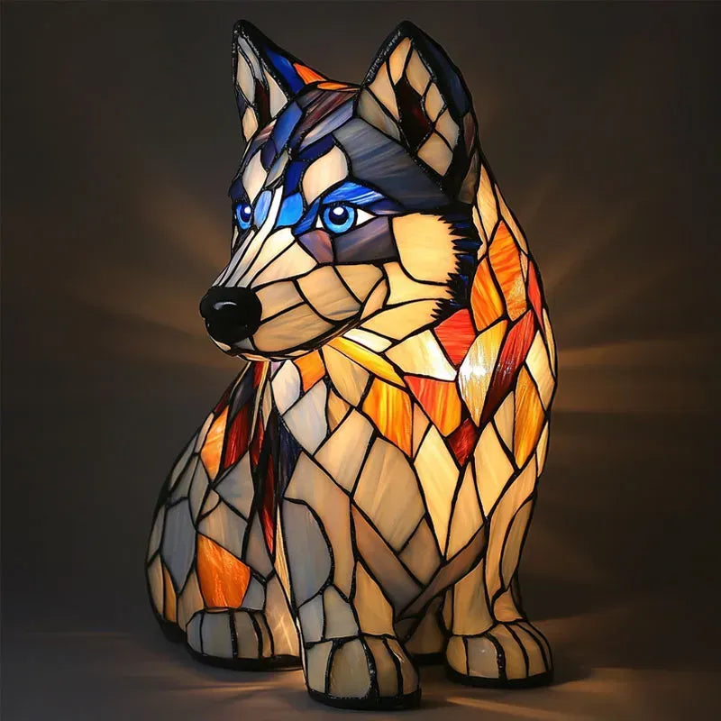 Stained Glass Dog Table Lamp Multicolor Mosaic Decorative Lighting