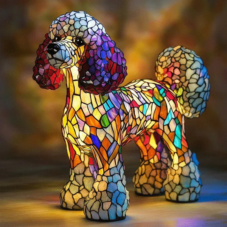Stained Glass Dog Table Lamp Multicolor Mosaic Decorative Lighting