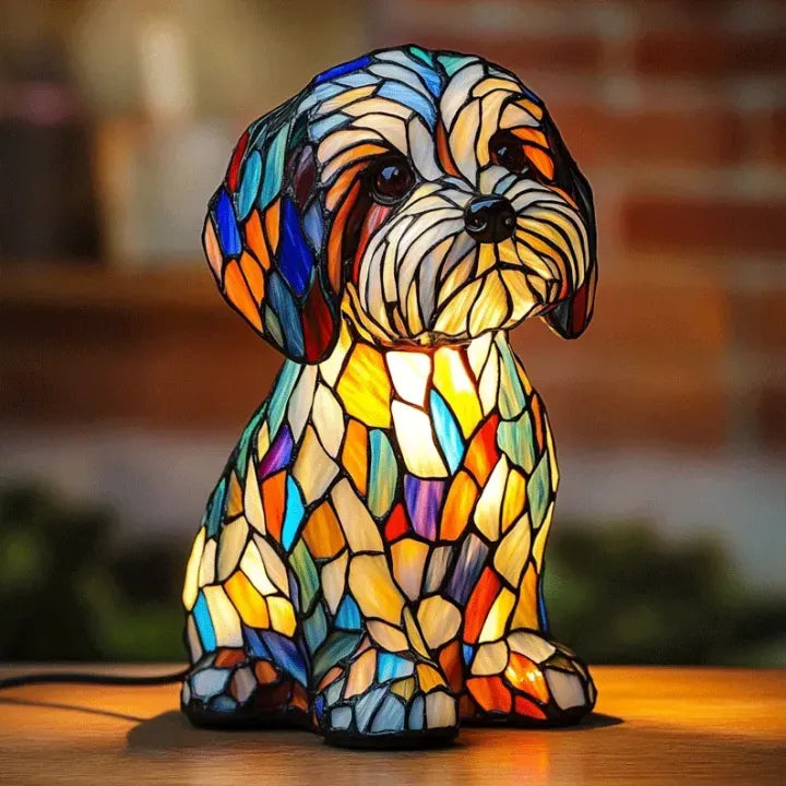 Stained Glass Dog Table Lamp Multicolor Mosaic Decorative Lighting