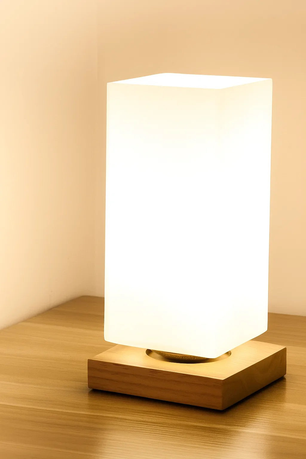 Modern Glass Wood Table Lamp – Minimalist LED Bedside Light – Bedroom Living Room