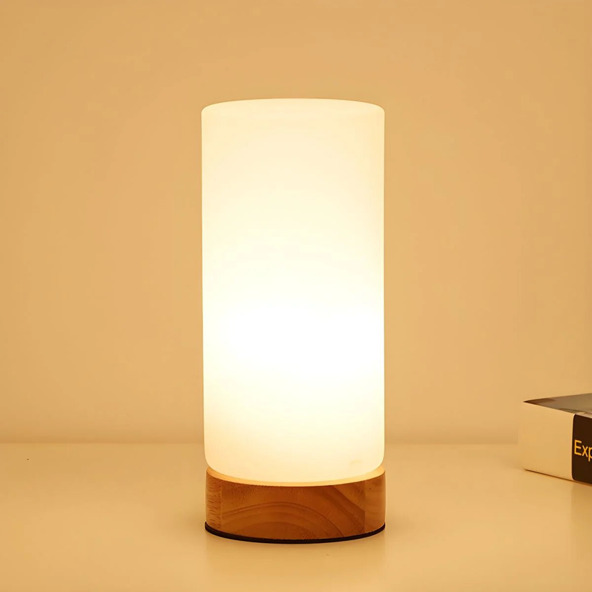 Modern Glass Wood Table Lamp – Minimalist LED Bedside Light – Bedroom Living Room