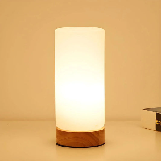 Modern Glass Wood Table Lamp – Minimalist LED Bedside Light – Bedroom Living Room