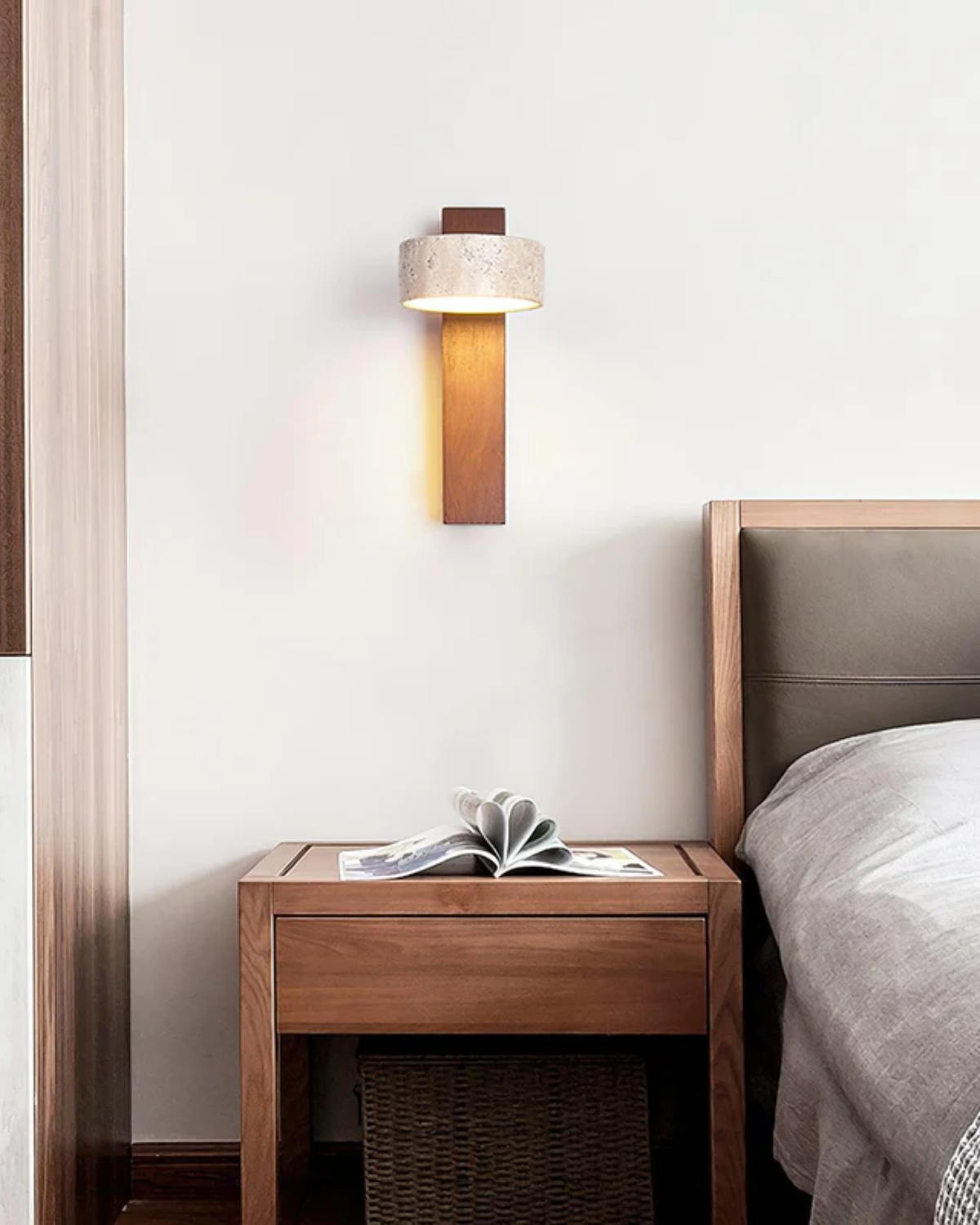 Modern Adjustable Downward Travertine Walnut Wood Wall Sconce