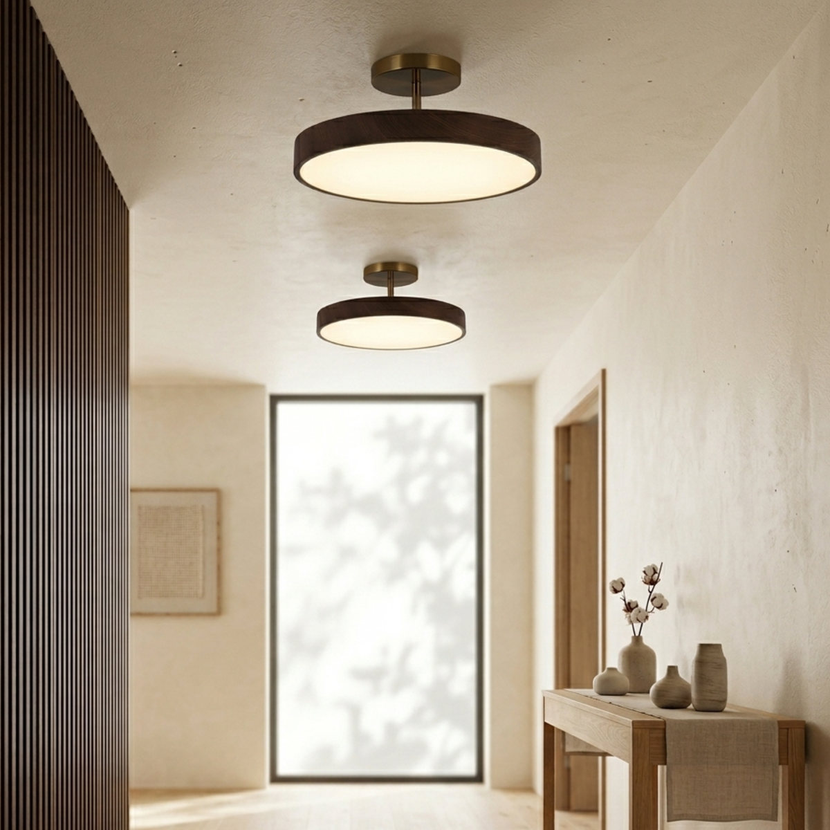 Scandinavian Ceiling Light with Wood and Gold Frame