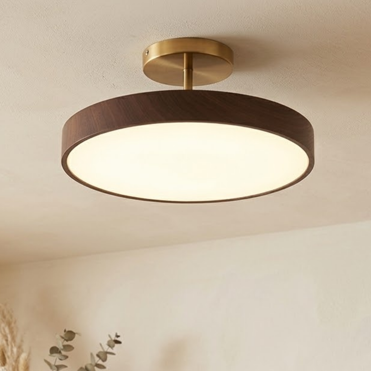 Scandinavian Ceiling Light with Wood and Gold Frame