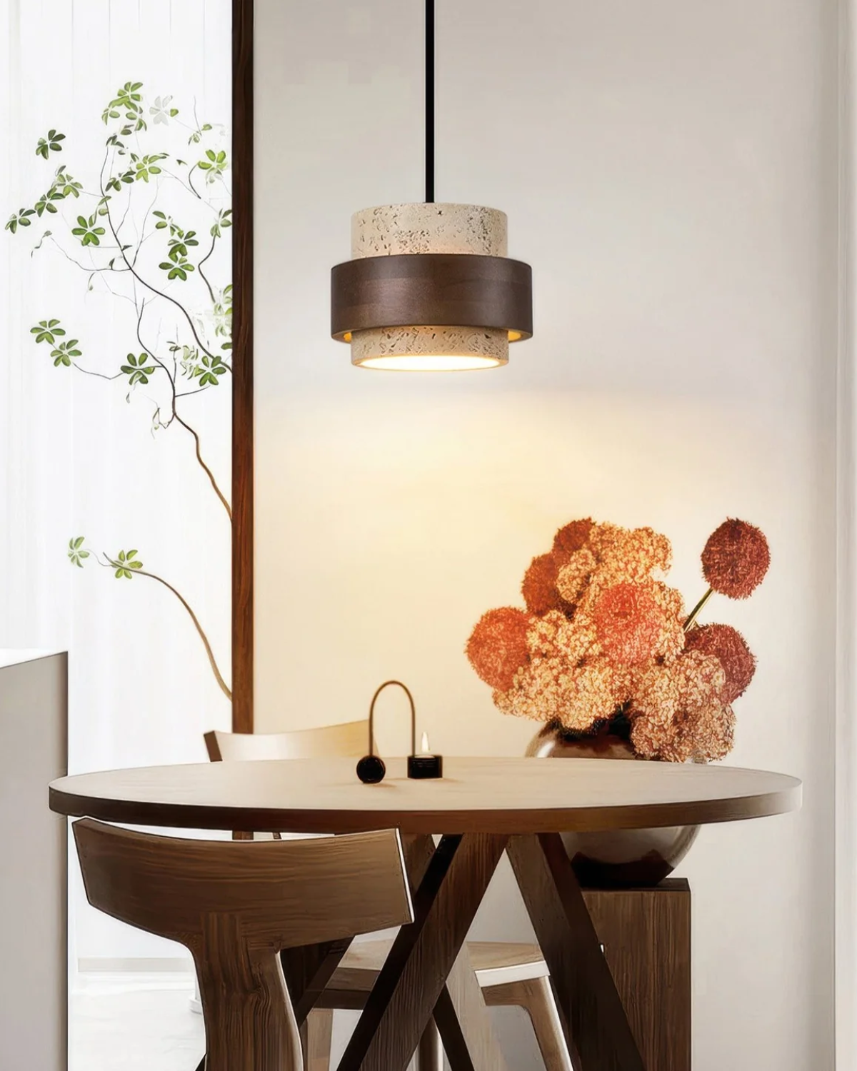 Modern Travertine Shade Walnut Accents Pendant Light