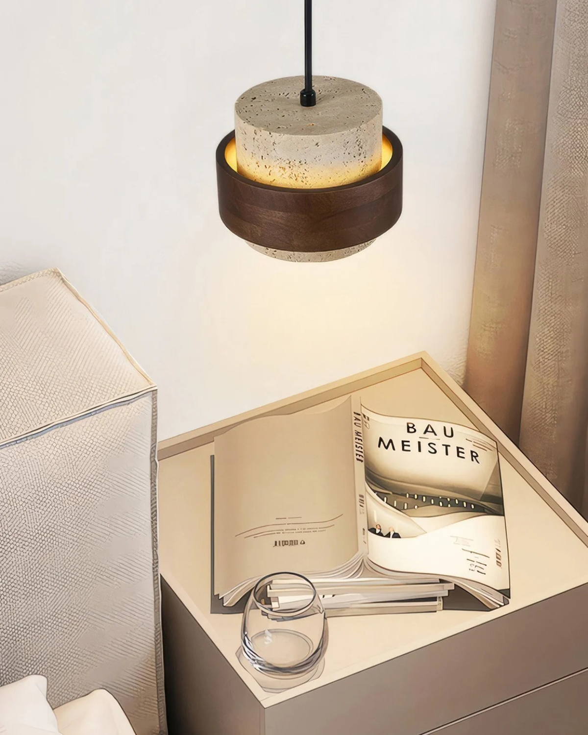 Modern Travertine Shade Walnut Accents Pendant Light