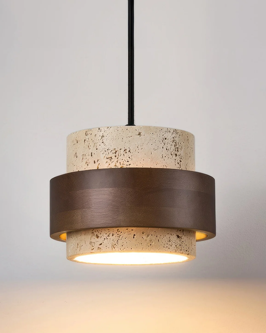 Modern Travertine Shade Walnut Accents Pendant Light