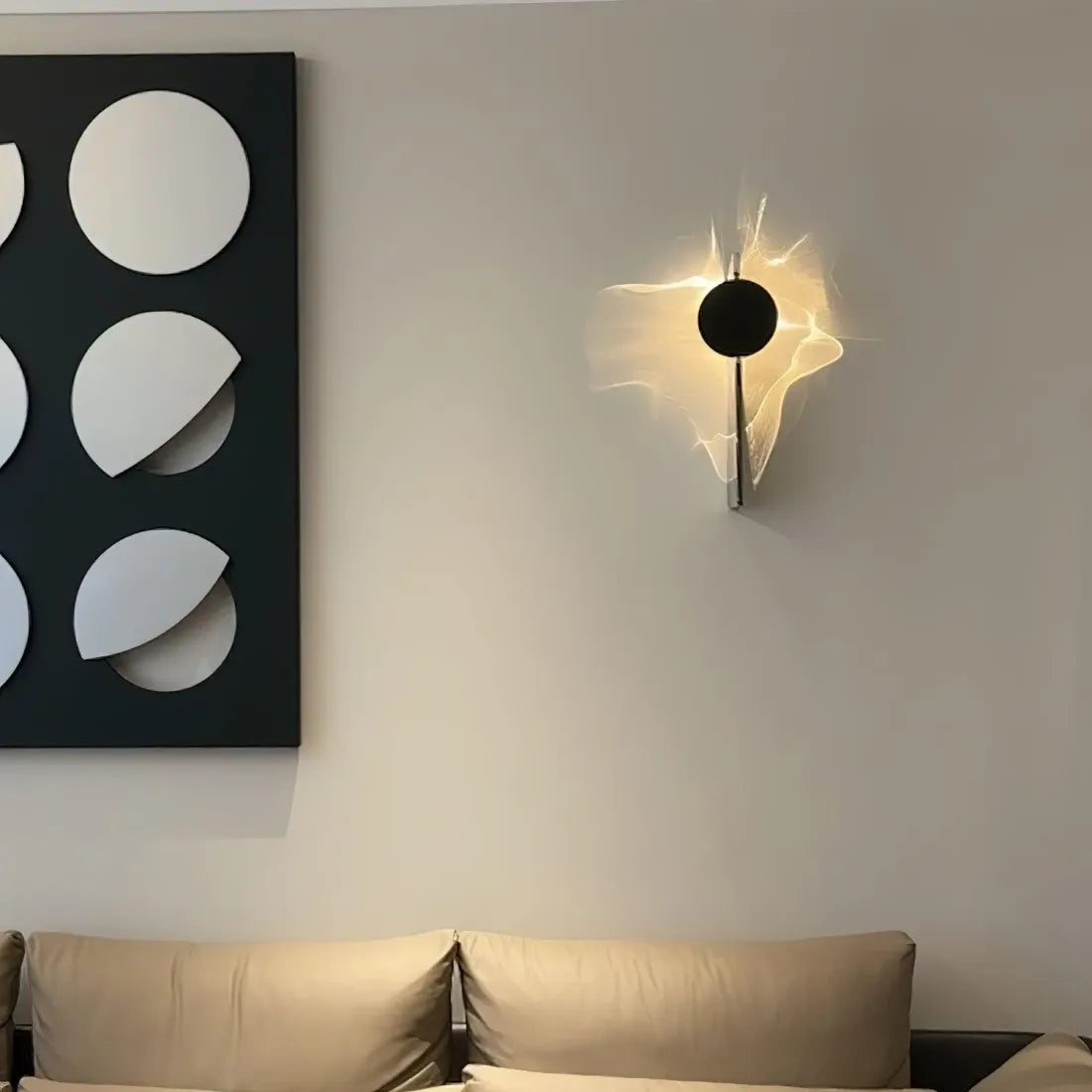 Black LED Wall Light with Circular Discs – Minimalist Bedroom Sconce – Warm Ambient