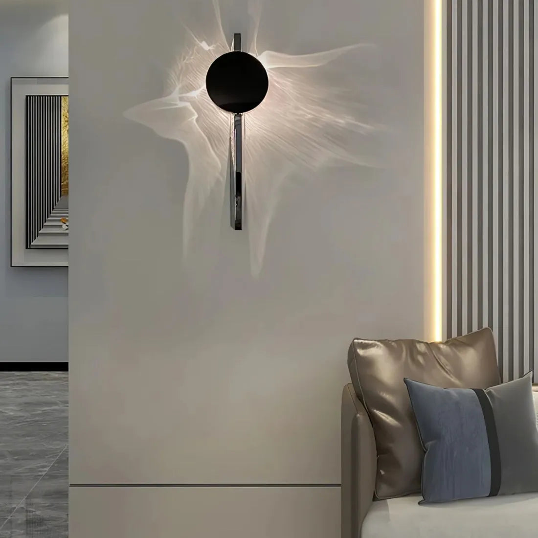 Black LED Wall Light with Circular Discs – Minimalist Bedroom Sconce – Warm Ambient
