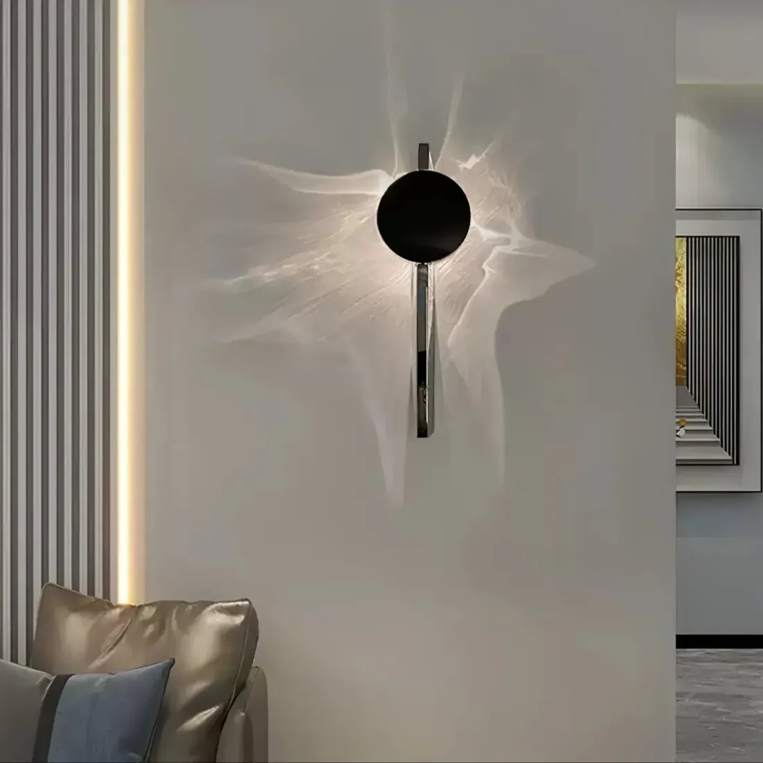 Black LED Wall Light with Circular Discs – Minimalist Bedroom Sconce – Warm Ambient