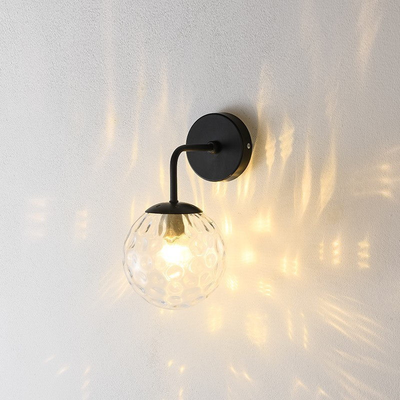 Modern Textured Glass Globe Wall Light – Iron Frame – Bedroom Lounge