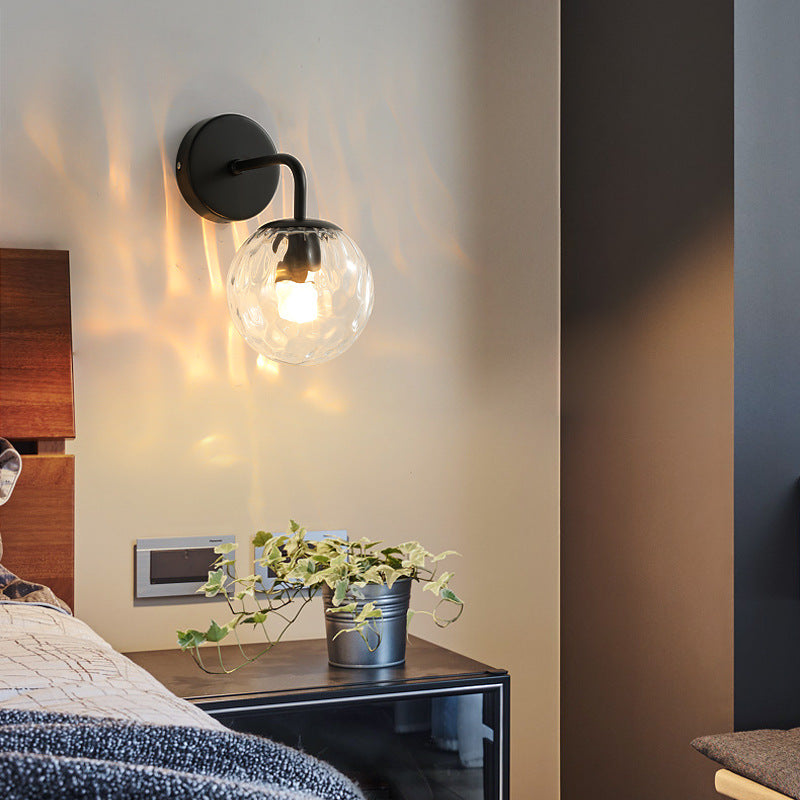 Modern Textured Glass Globe Wall Light – Iron Frame – Bedroom Lounge
