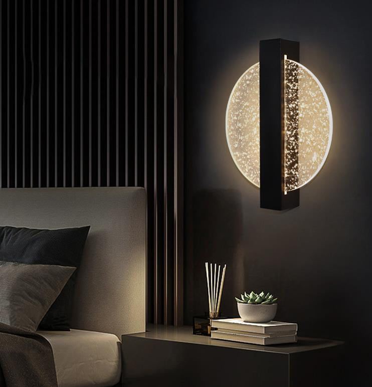 Modern Geometric LED Wall Sconce – Textured Crackle Acrylic – Round Diamond Bedroom
