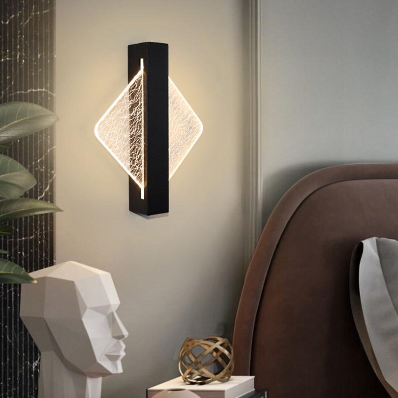 Modern Geometric LED Wall Sconce – Textured Crackle Acrylic – Round Diamond Bedroom