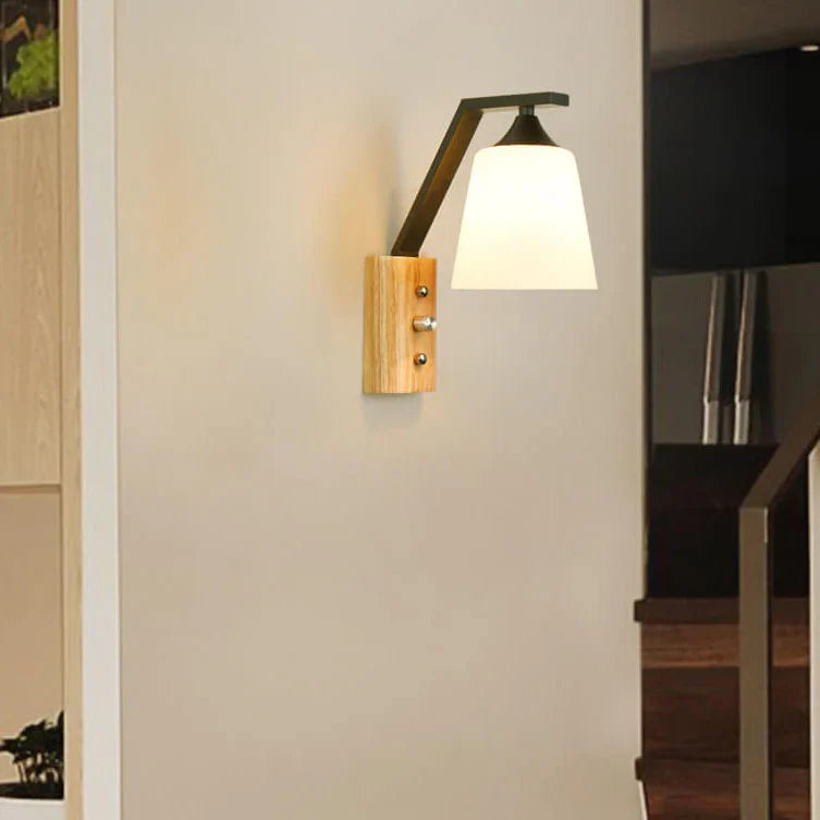 Scandinavian Style Wall Sconce – Wood Base Glass Shade – Bedroom Hallway