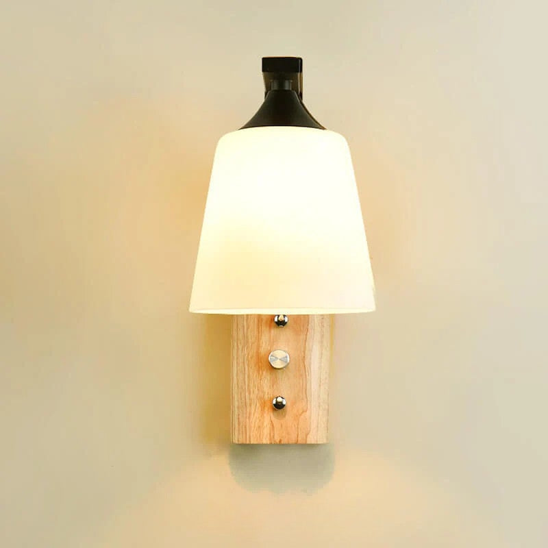 Scandinavian Style Wall Sconce – Wood Base Glass Shade – Bedroom Hallway