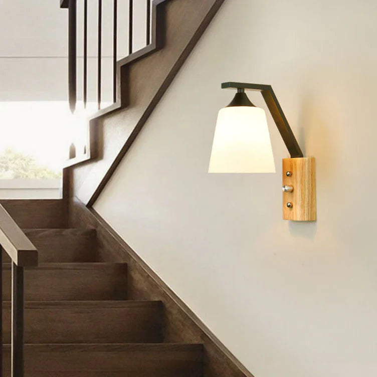 Scandinavian Style Wall Sconce – Wood Base Glass Shade – Bedroom Hallway