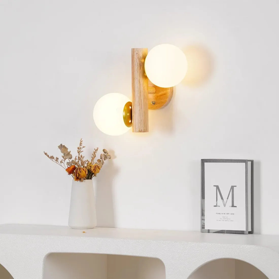 Modern Wooden Wall Light – LED Glass Globe Sconce for Bedroom & Hallway