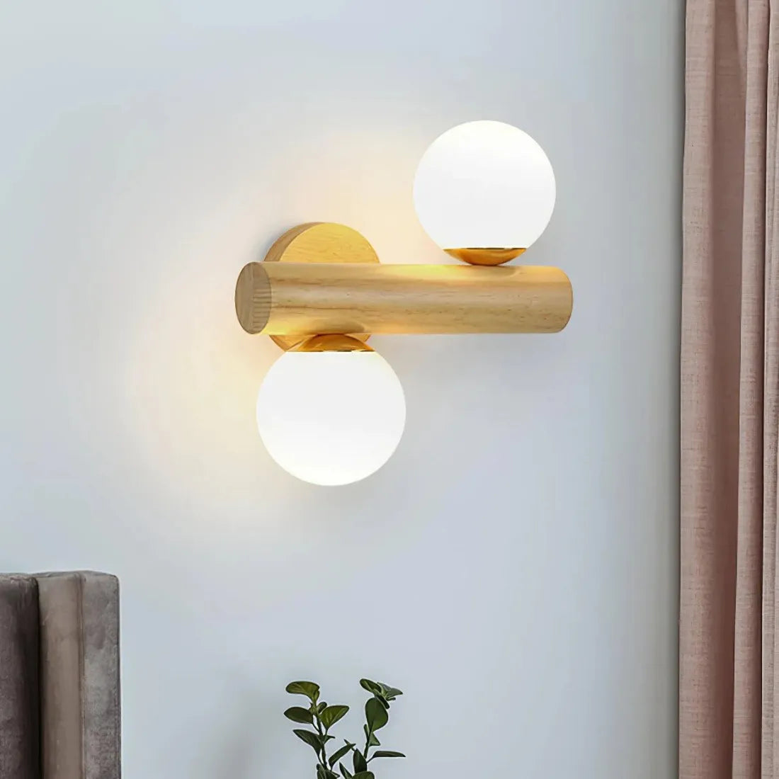 Modern Wooden Wall Light – LED Glass Globe Sconce for Bedroom & Hallway