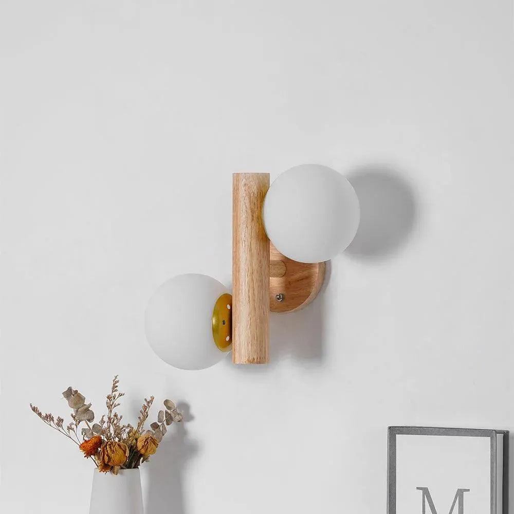 Modern Wooden Wall Light – LED Glass Globe Sconce for Bedroom & Hallway