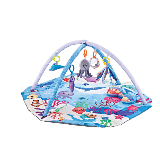 Ocean baby gym with blue arches and sea-themed toys