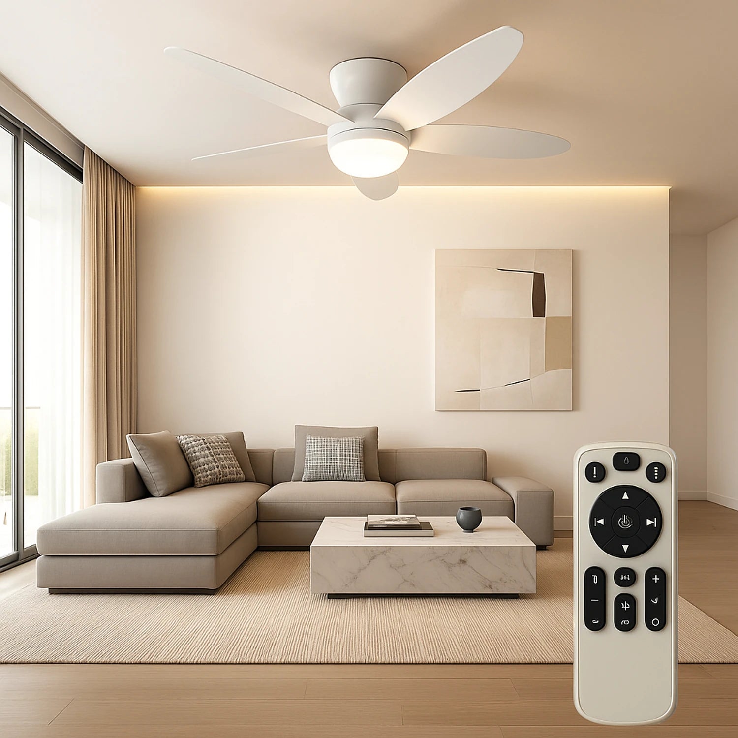 Ceiling fan light with remote control and dimmable LED, 36 inch diameter, 6 speeds, plastic blades, ideal for living and dining rooms.
