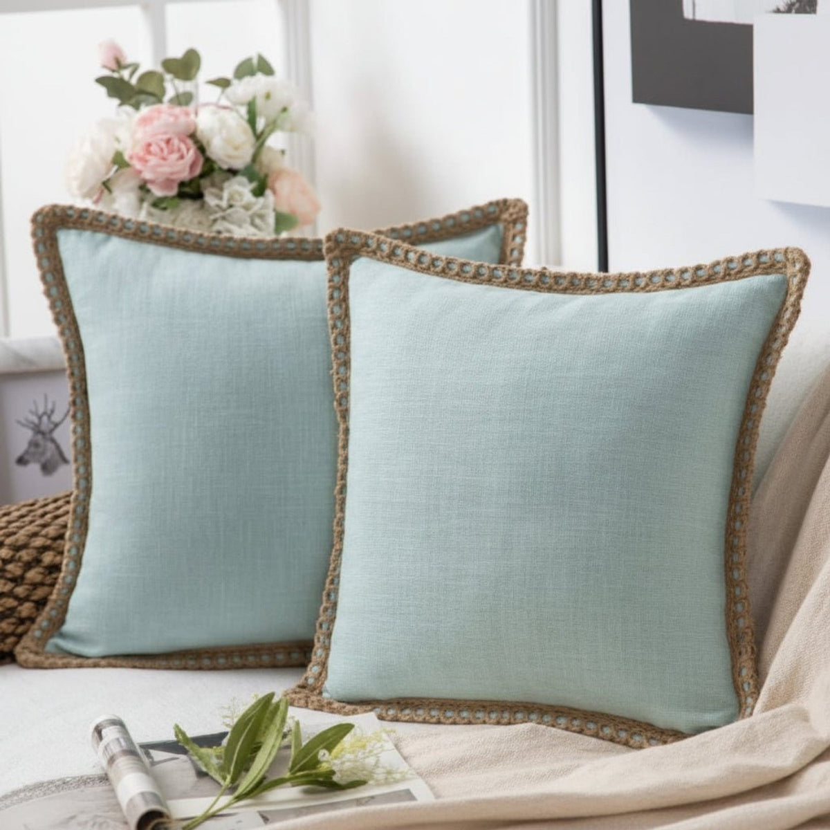 Mint square cushions with crocheted edging