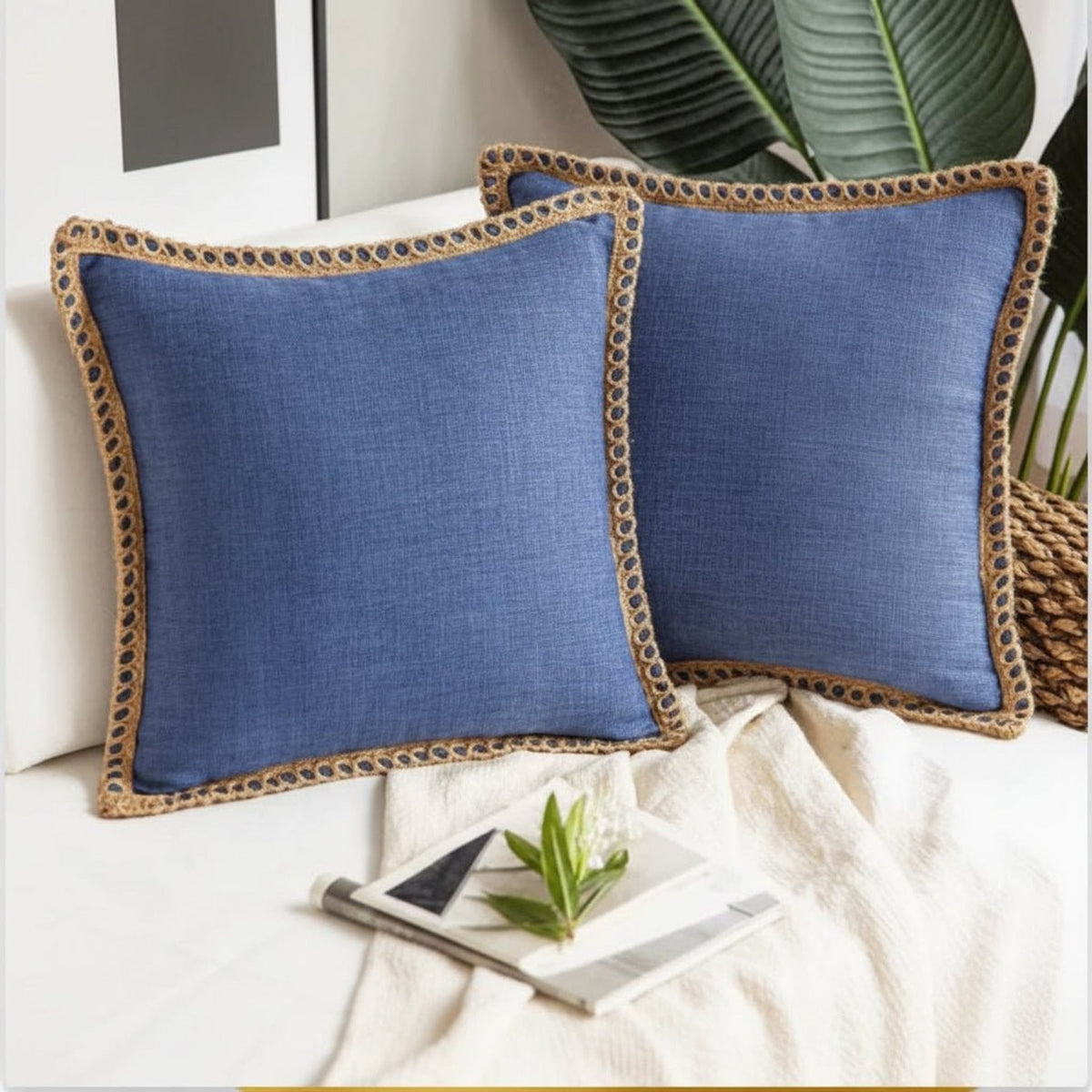 Navy blue cushions with decorative trim