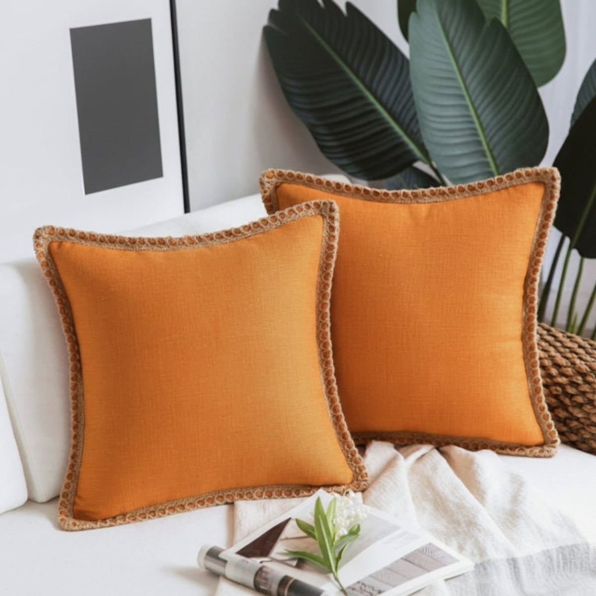 Burnt orange cushions with crochet trim
