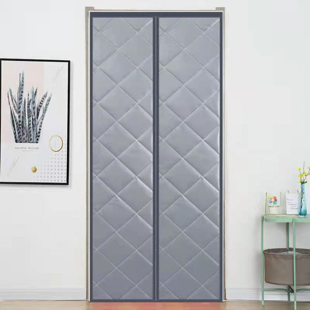 Grey quilted magnetic curtain closed in a doorway