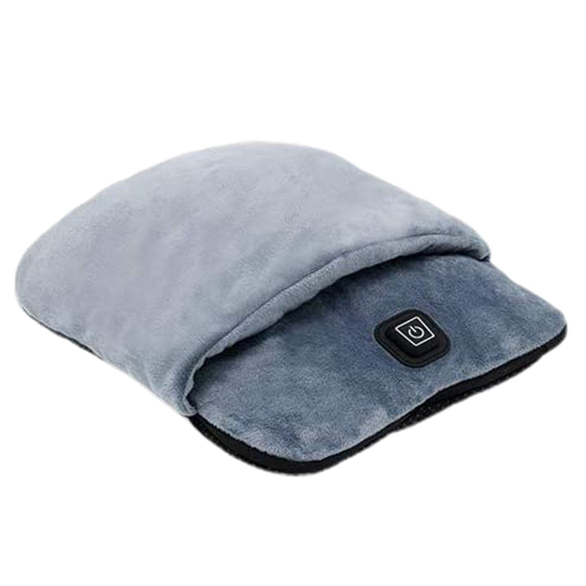 Grey plush foot warmer pouch with power button