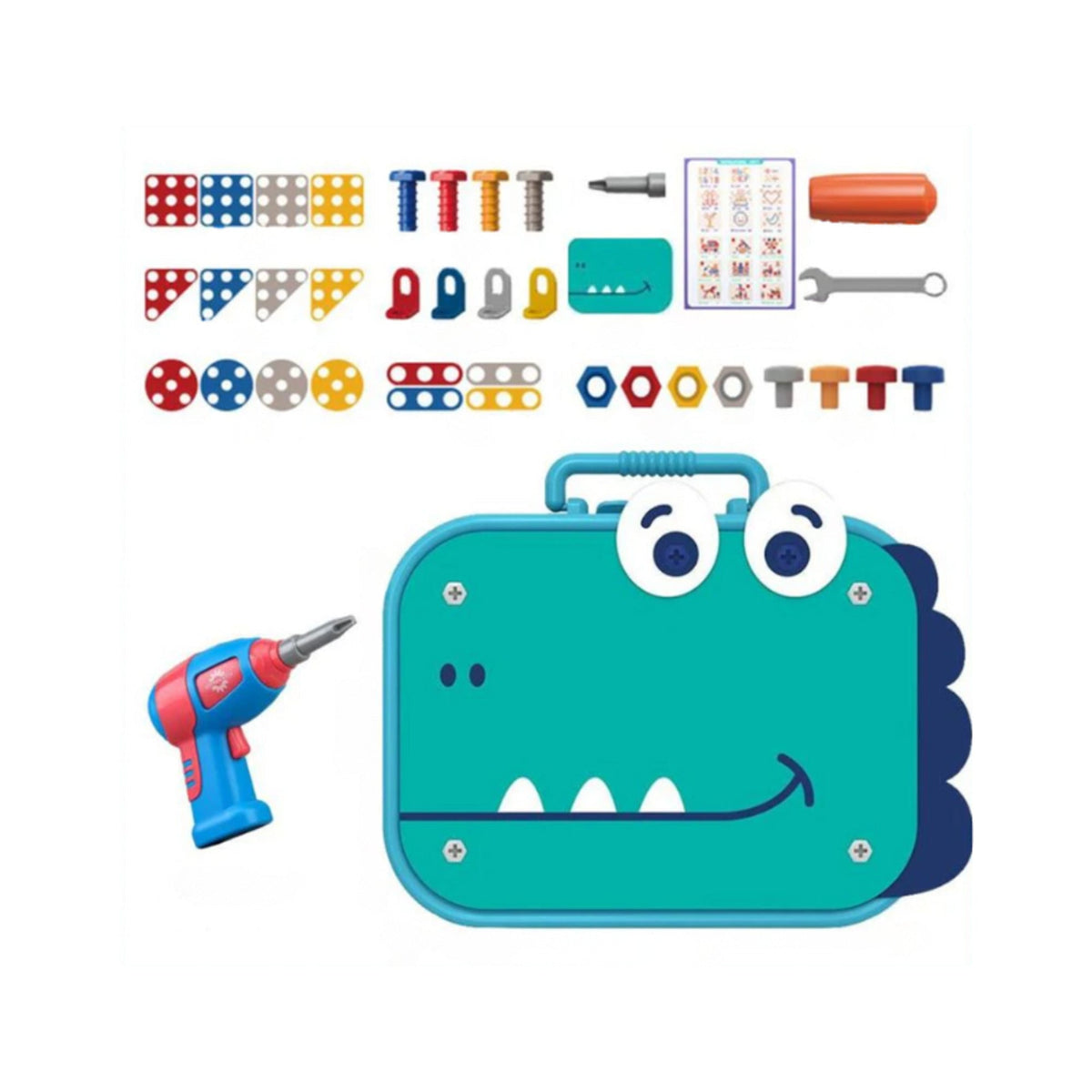 Dinosaur construction toy case with drill and hand tools