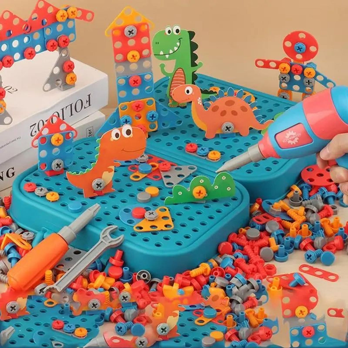 Open case with dinosaur plates, bolts and toy drill